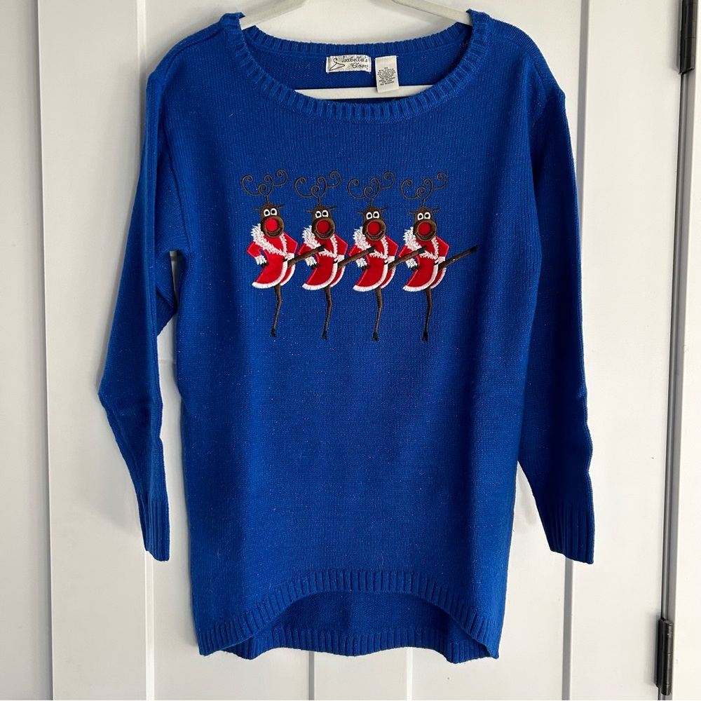 Isabella’s Closet Blue Dancing Reindeer Christmas Holiday Sweater Size Medium - Picture 1 of 6